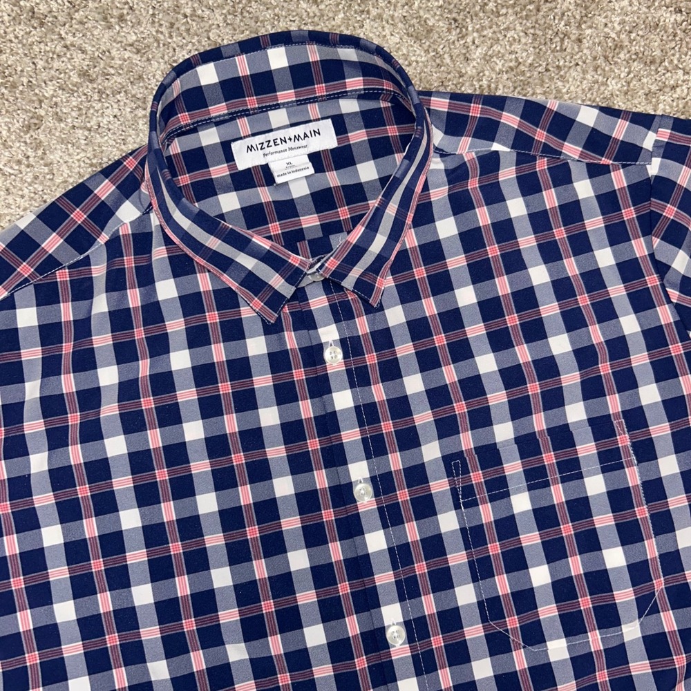 Mizzen+Main Plaid Button Down Shirt Men XL Trim No Tuck Pocket Preppy Business